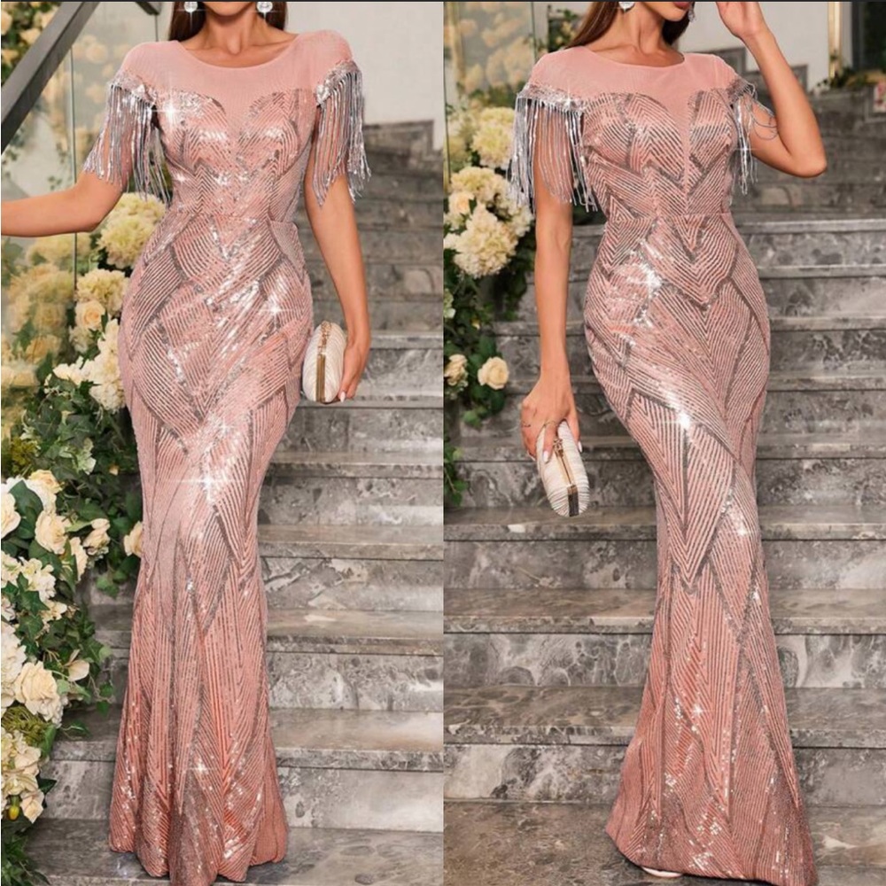 Luxe fringe detail mermaid hem party prom sequins dress - Picture 1 of 7